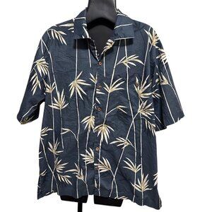 Luau Men’s Large Hawaiian Shirt Blue Leaf Print Cotton Short Sleeve 60’s Retro